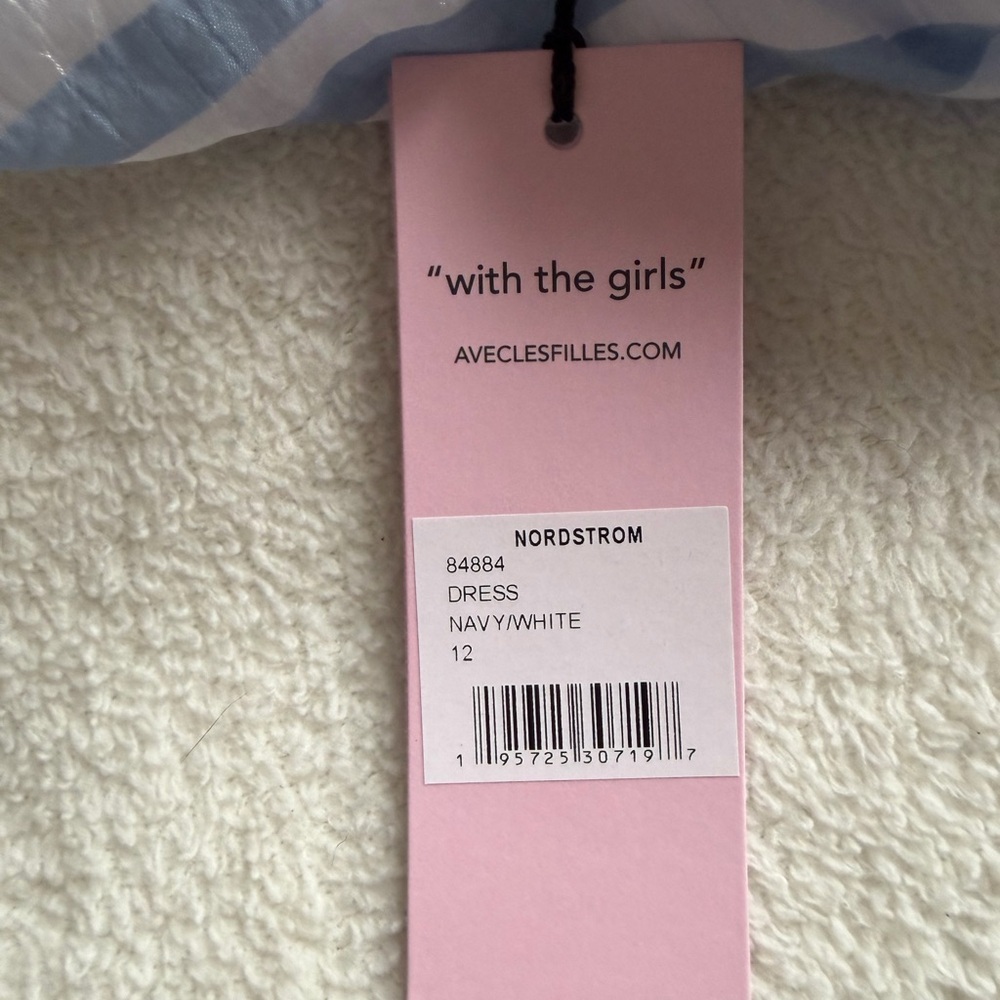NWT Avec Les Filles Blue & White Striped High-Neck Ruffle Hem Mini Dress Size 12 - Picture 8 of 8